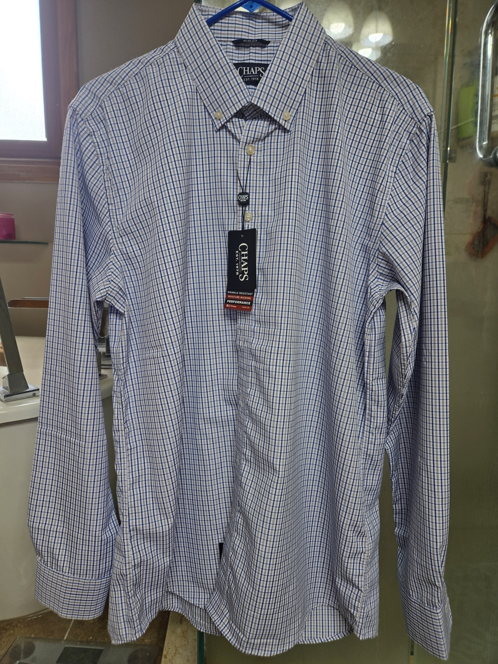 NWT Chaps Mens L Blue Check Button Down Long Sleeve Shirt